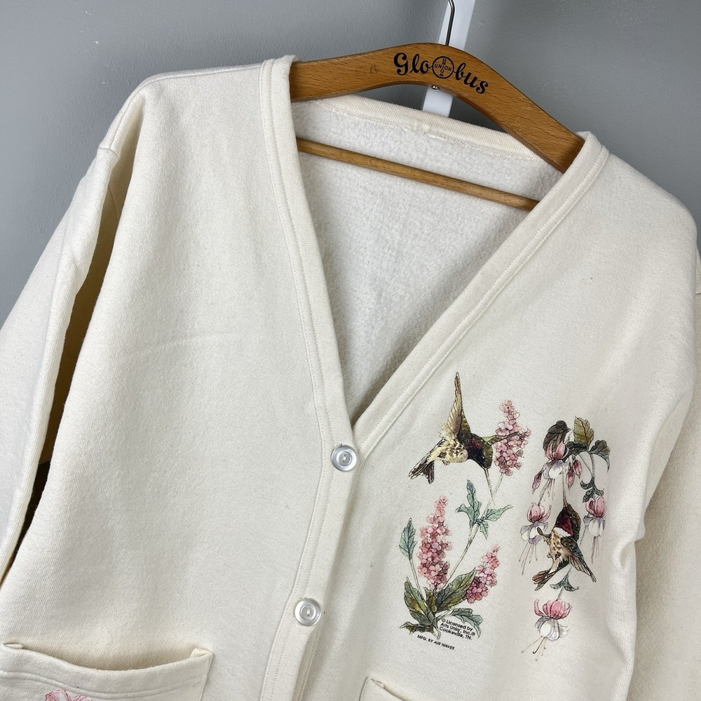 VTG Carolyn Shores Wright Hummingbird Cardigan Sweatshirt Womens Nature Graphic‎